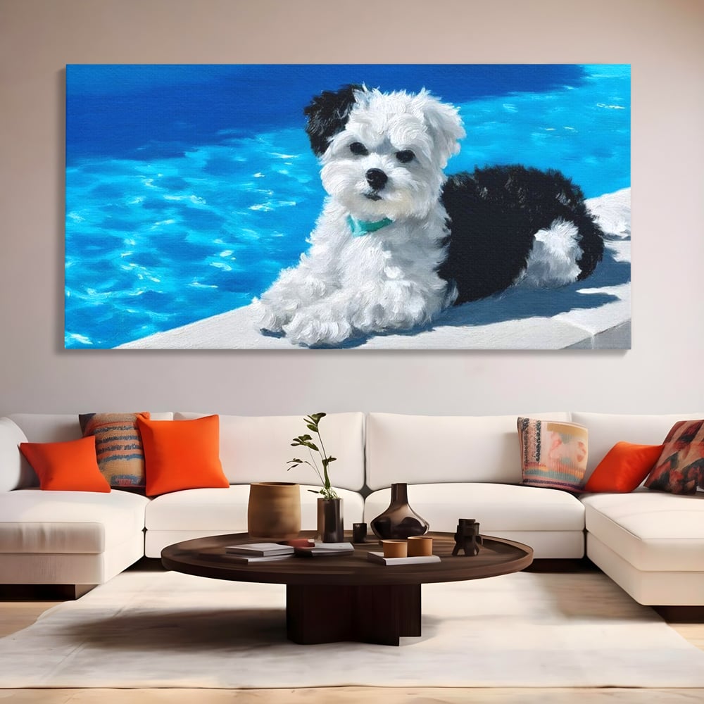 Tablou canvas cu pictura cu catel pufos langa piscina, fara rama, pe sasiu de lemn, pe perete intr-un living